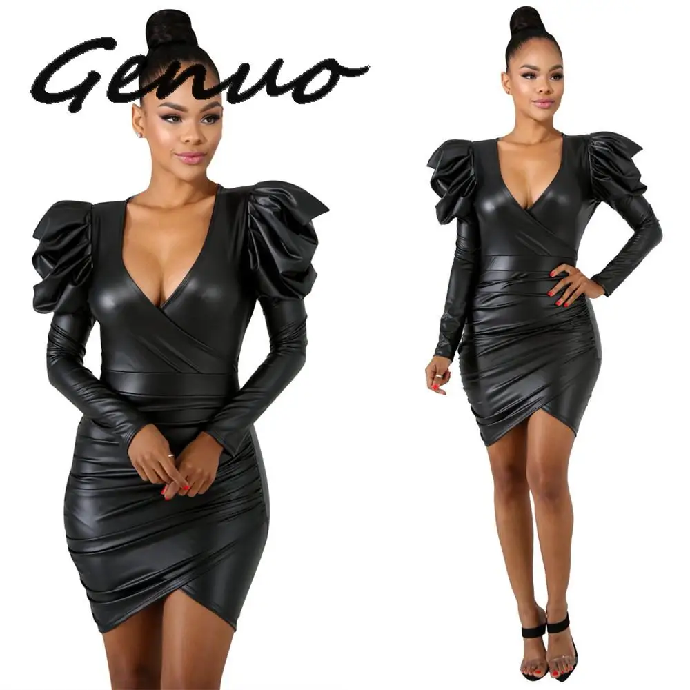 Genuo Новое Женское Платье из искусственной кожи с длинным рукавом металлическим