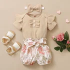 3 шт.комплект, детский летний комбинезон на пуговицах с оборками и коротким рукавом