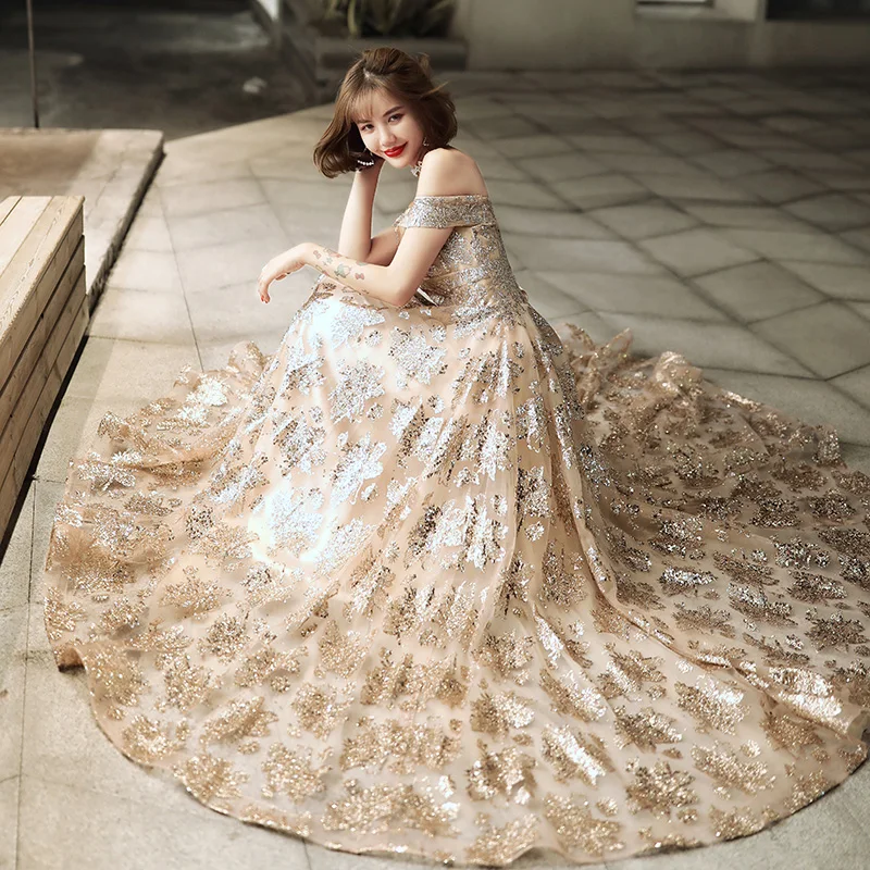 

Luxury Shiny Glitter Women Prom Dresses 2020 Sexy Boat Neck Off The Shoulder Elegant Simple Long Formal Gown Plus Size