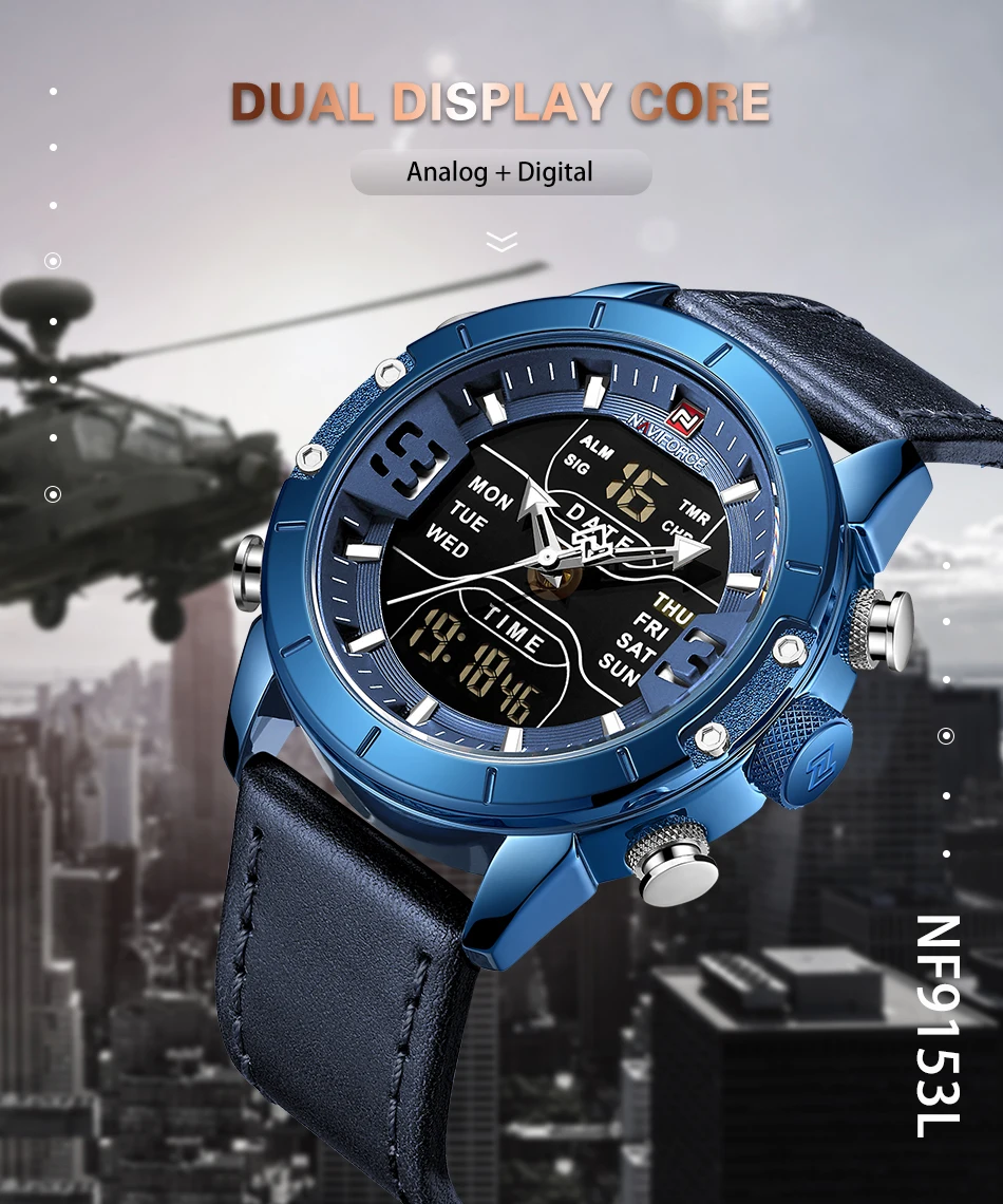 NAVIFORCE мужские часы с двумя дисплеями Лидирующий бренд Модный светодиодный цифровой Роскошные мужские часы кожаные спортивные водонепроницаемые кварцевые наручные часы