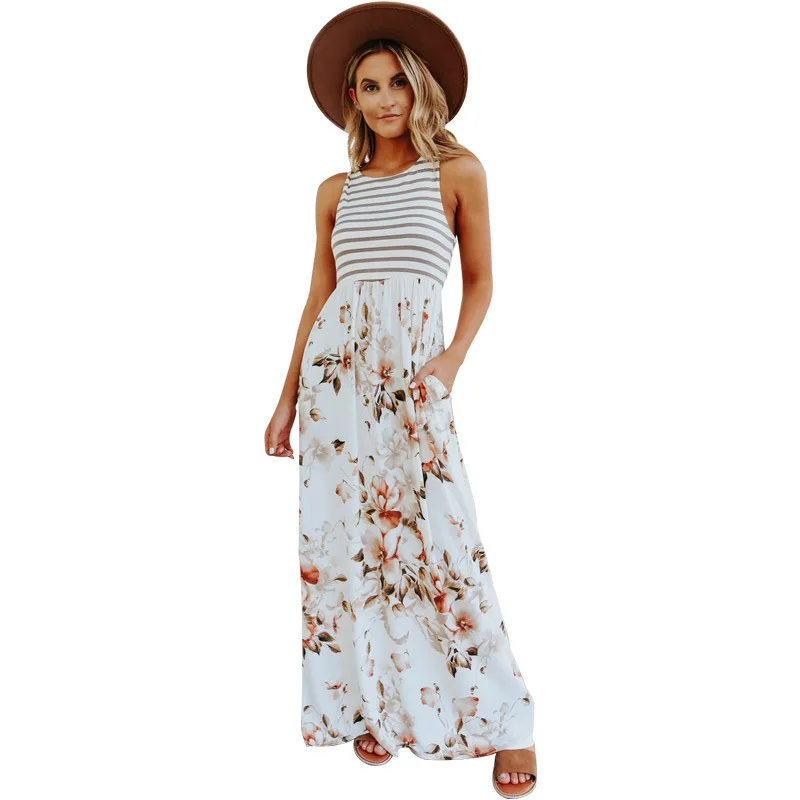 

MIGAZURE White Plaid Elastic Waist Floral High Waist Dress Women Spring Autumn Sleeveless Casual Long Maxi Dresses