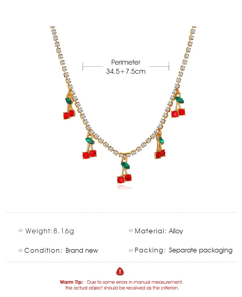 

Korean Fashion Red Cherry Crystal Pendant Necklace for Women Bling Rhinestone Tennis Chain Necklace Luxury Choker Jewelry Gift
