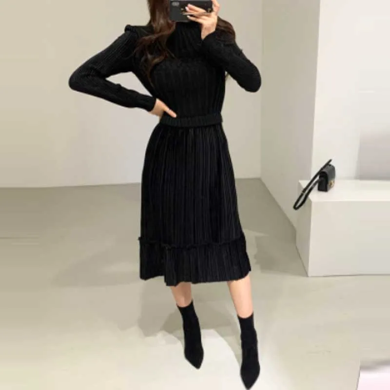 

One-Piece Women'S Pleated Patchwork Dress Korean Long Sleeve Slim Knitted Sweater 2020 Winter Women Fashion Dress Midi Dresses