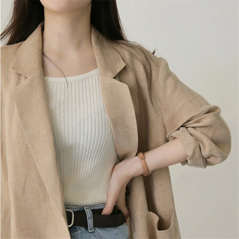 

Thin Cotton Linen Suit Women 2021 Spring New British Style Casual Blazer Long Sleeve Jacket Solid Color Fashion Coat Clothes