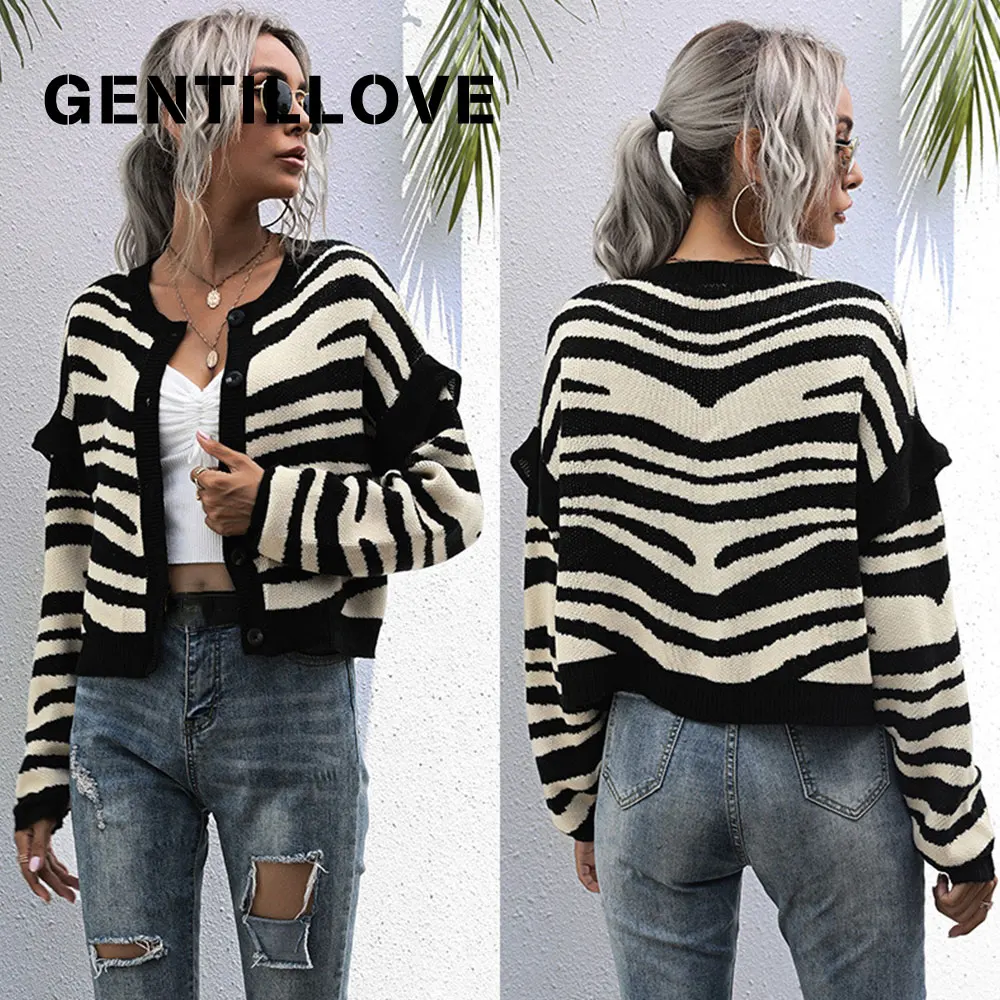 

Women Zebra Printed Knitted Cardigan Sweater Autumn Winter Single Breasted Loose Vintage Long Sleeve Chic Short Female Top