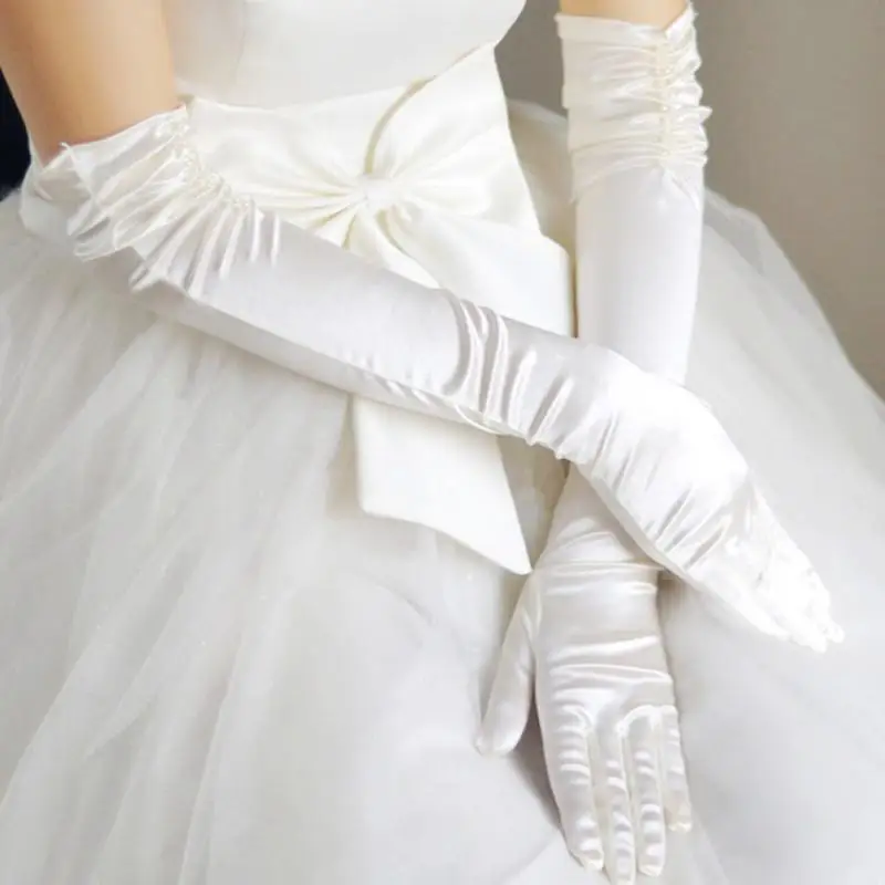 

Bride Dress Butterfly Gloves Long French White Satin Pearl Winter Wedding Warm Sunscreen Arm Sleeve