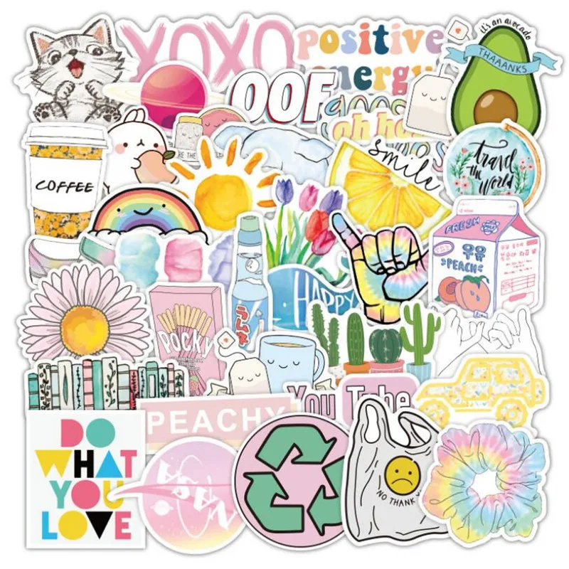 

10/30/50 PCS cute fresh letters cartoon graffiti laptop luggage skateboard guitar waterproof sticker decoration wholesale