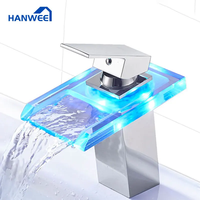 Светодиодный смеситель для раковины латунный кран Водопад с регулировкой