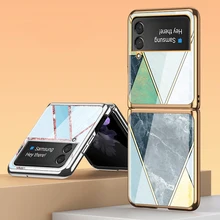 Z Flip 3 Funda Case for Samsung Galaxy Z Flip 3 Z Fold 3 Splicing Marble Pattern Plating Tempered Glass Coque Phone Case Cover