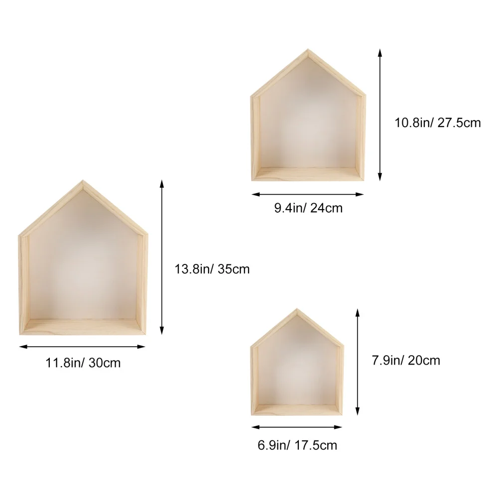 

3pcs Wall Mount Household Storage Rack House Shape Wooden Display Shelf