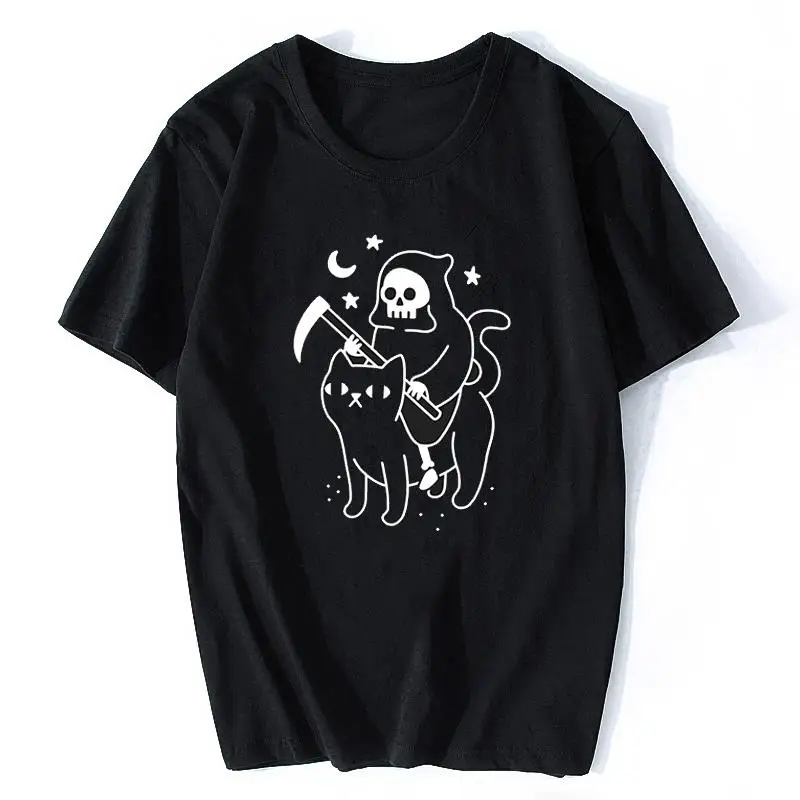

Death Rides A Black Cat Reaper Funny Vintage Men Horror Skull T-Shirt Harajuku Streetwear Funny Aesthetic Cotton Tshirt