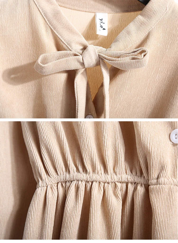 Платье женское вельветовое с бантом на воротнике однотонное винтажное