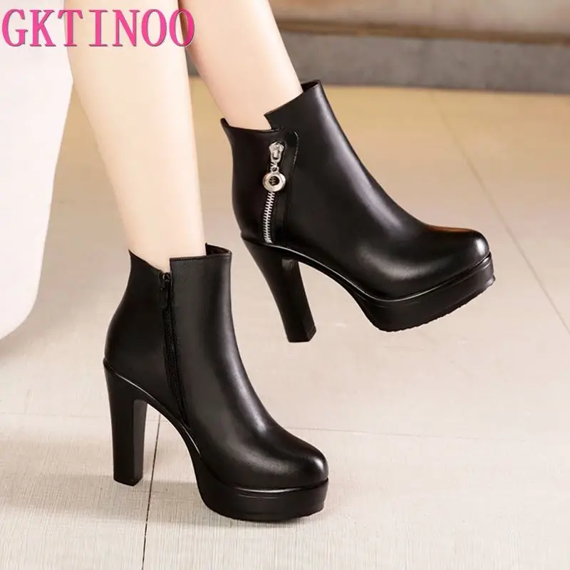 

Женские ботинки на платформе GKTINOO, черные кожаные ботинки на толстой подошве, брендовые ботинки на высоком каблуке, большой размер 33-43, для о...