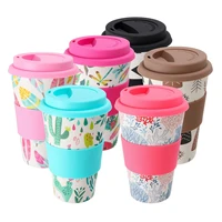 400ml portable practical reusable bamboo fiber silicone cap coffee cups eco friendly non slip printing travel mugs useful