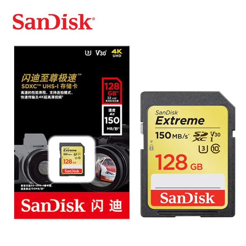 Карта памяти SanDisk Extreme SDHC/SDXC SD-карта класс 10 32 ГБ 64 128 карты C10 Φ max 150 для камеры |