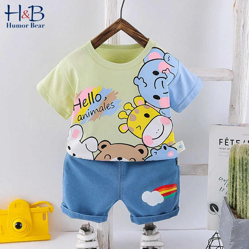 

Humor Bear Boy Clothes 1-5 Years Old Summer Short-Sleeved Shorts Suit Baby Cartoon Animals T-Shirt + Denim Shorts Two-Piece Dui