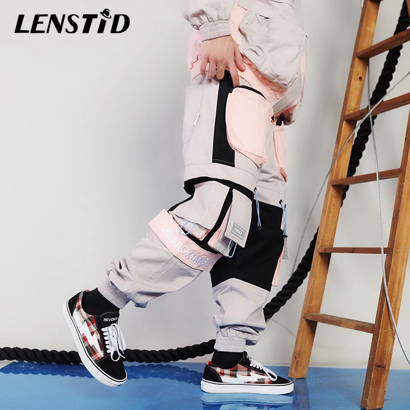 LENSTID хип карго Брюки на молнии Карманы Уличная Harajuku трико для мужчин цветной блок