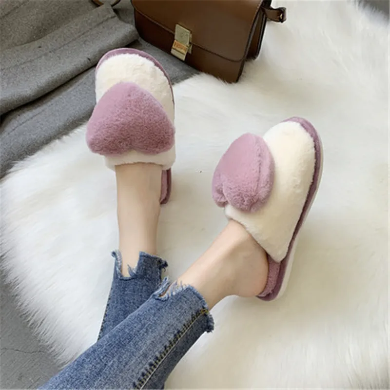 

Lovely Heart Pattern Fuzzy Women Winter Warm Slippers Memory Foam Cozy Non-SlipLiningHairy Floor Indoor Soft Plush Leak Toe