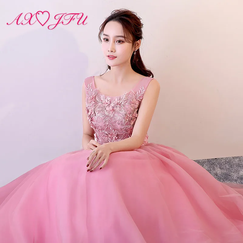 

AXJFU luxury princess pink lace bride evening dress vintage o neck rose beading flower host ball gown stage pink evening dress
