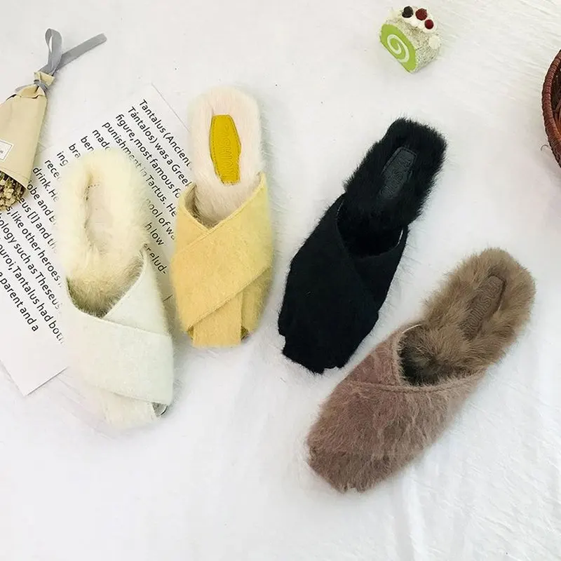 Модные женские шлепанцы Блестящие с искусственным мехом Женские сандалии