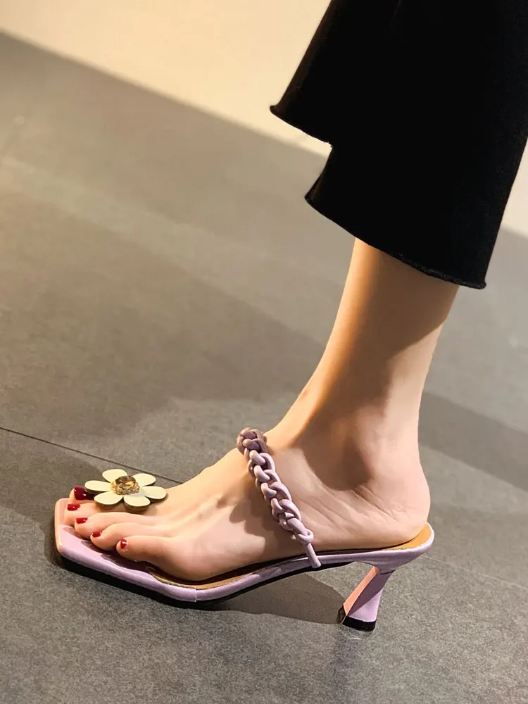 

Women's Shoes Slippers 2021 Summer New Style Outdoor Fashion Flower Square Toe High Heels Woman Shoes High Heels Sexy