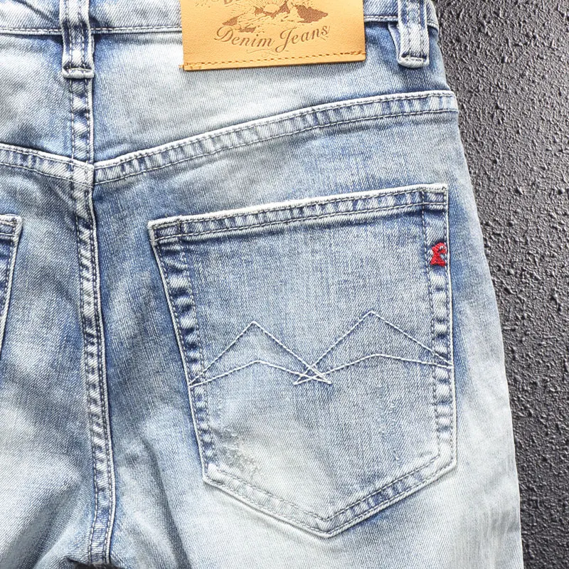 Newly Vintage Fashion Men Jeans Retro Light Blue Slim Fit Elastic Ripped Jeans Men Embroidery Designer Casual Hole Denim Pants