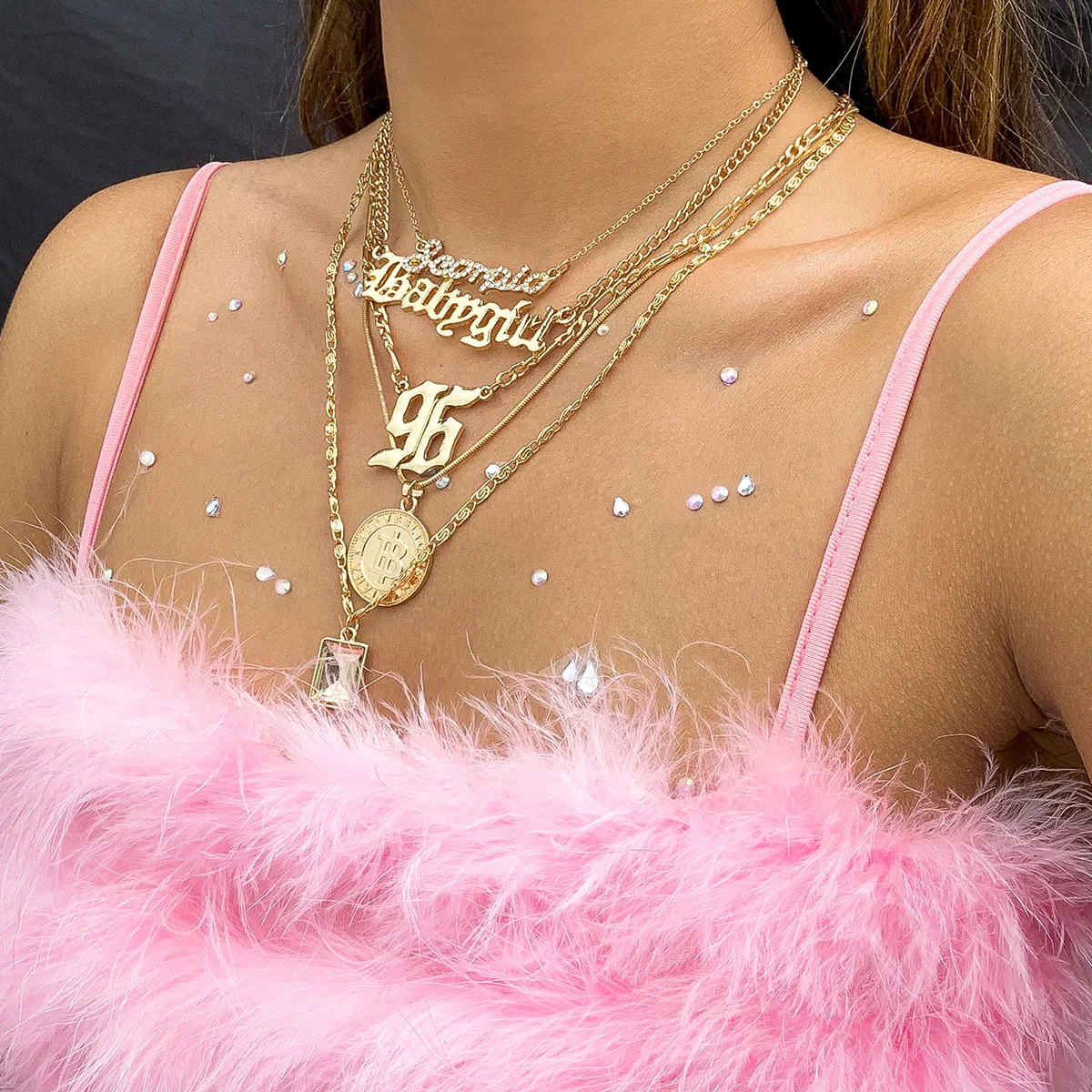 

5 Pcs/Set Women Punk Golden Coins, Letters Rhinestone Pendant Multilayer Clavicle Chain Beach Necklaces Jewelry Gifts