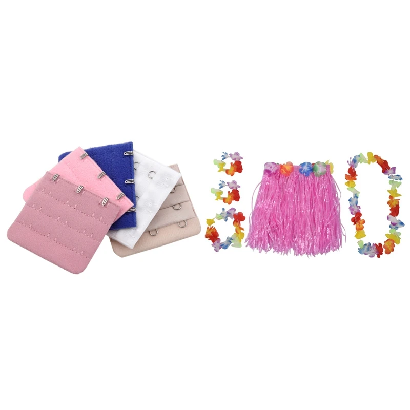 

5 Pcs Lady 3 Rows Bra Back Bank Extenders Buckle Hook With 1 Set Pink Hawaiian Grass Skirt Hula Luau Party