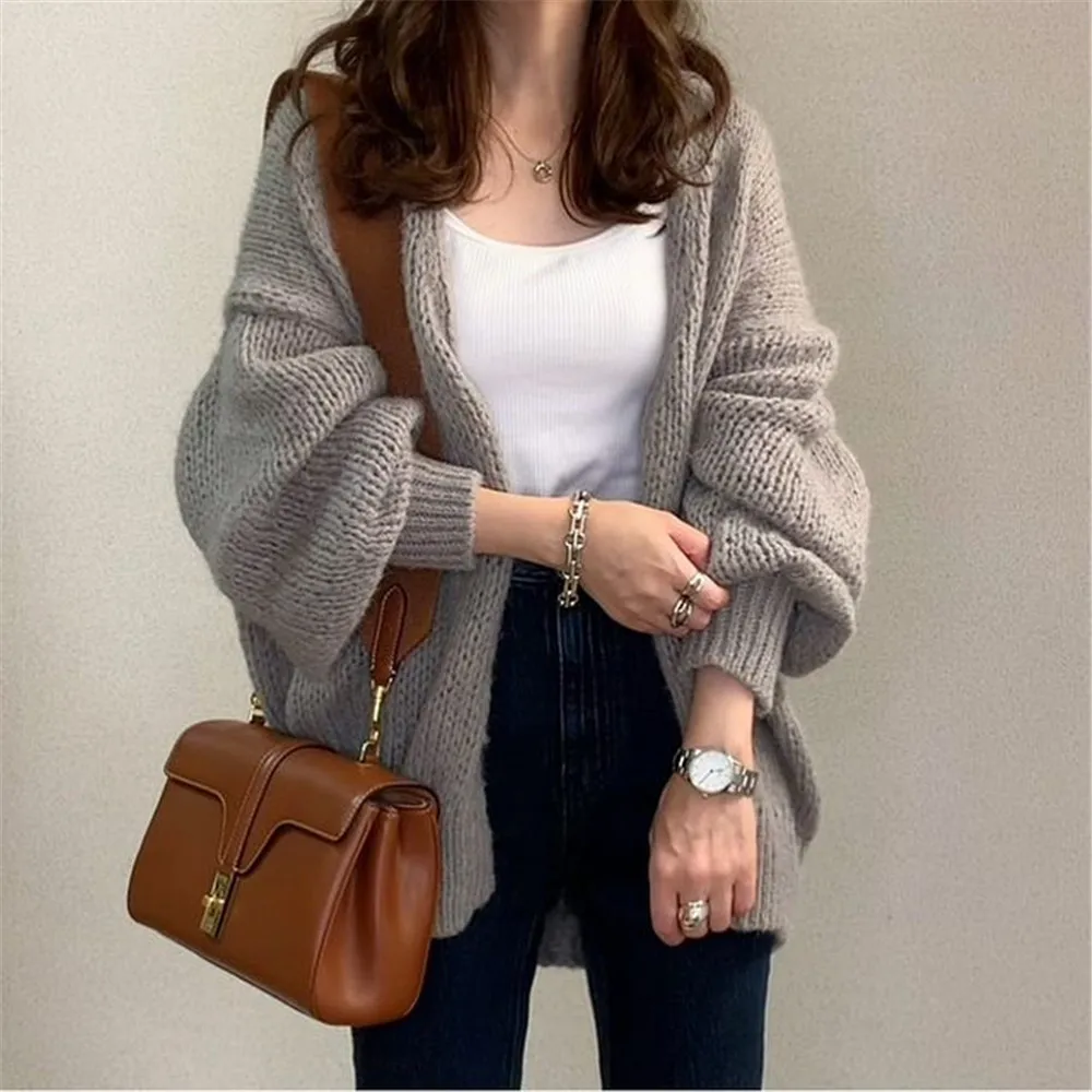 

Autumn Knitted Sweater Women Long Sleeve Mid-Length Plain Loose Cardigan Korean Style Office Lady Clothes Casual Female Coat