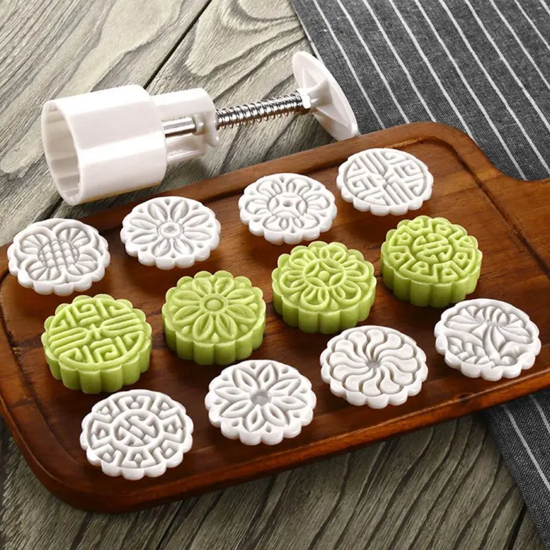 

50g Mooncake Barrel Mold with 8pcs Flower Stamps Hand Press Moon Cake Pastry DIY 449C