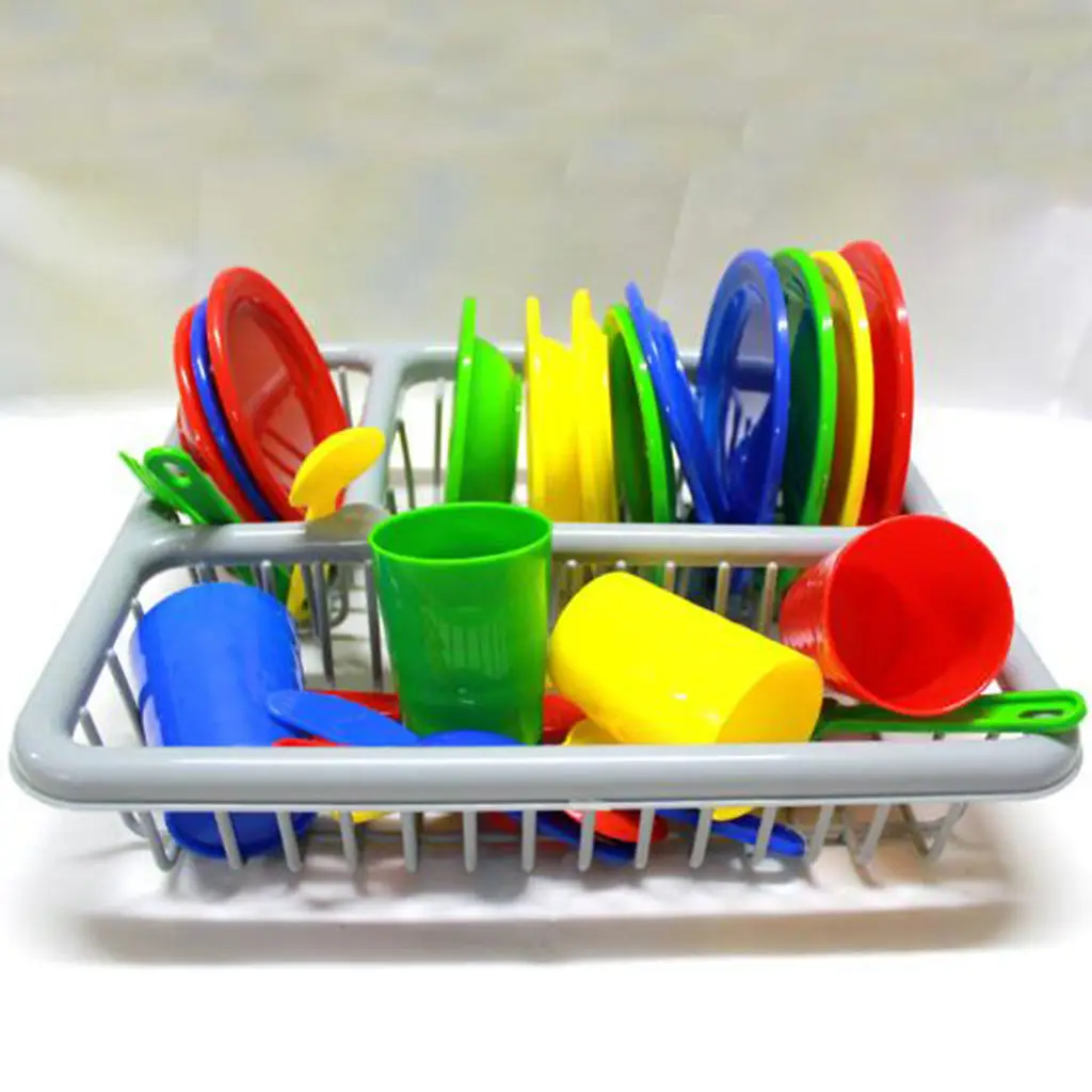 

28 Pieces Kids Pretend Play Dishes Kitchen Playset Wash & Dry Tableware Dish Rack Toy with Drainer for Kids and Children