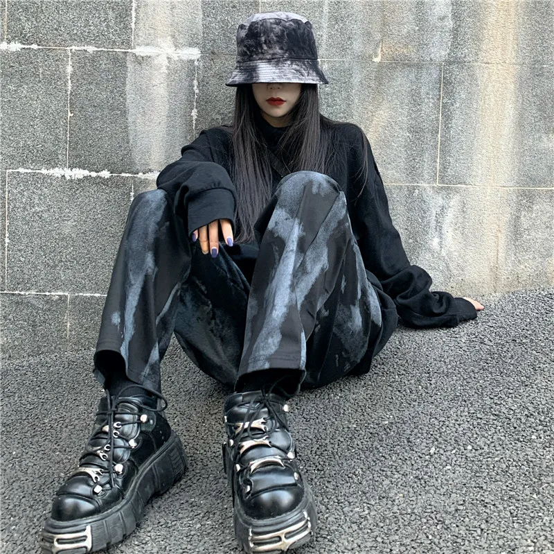 

women Harajuku GothTie Dye Wide Leg Pants Streetwear Straight Pants Korean Style High Waist Trousers Women Hippie Vintage Pants