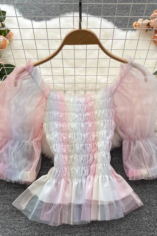 

Online celebrity heart perspective mesh lace stitching sweet trumpet sleeves slim joker chiffon blouse women's summer clothes