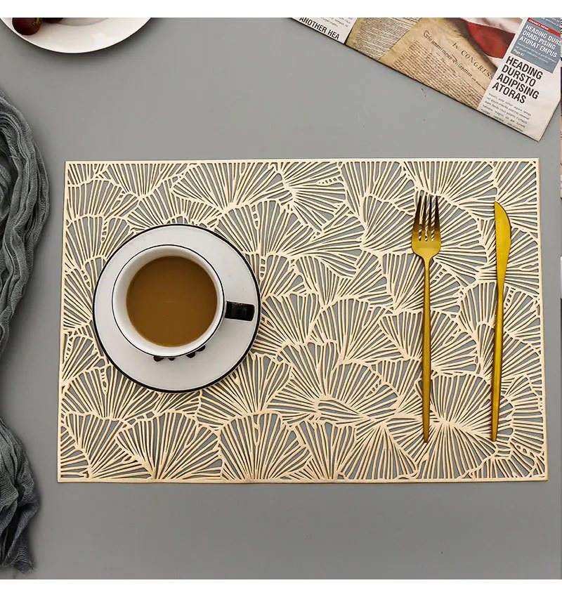 

Luxury Leaves Placemats for Dining Table Mat Set Place Mat in Kitchen Accessories Cup Wine Coaster Decorative PVC Hollow Mat