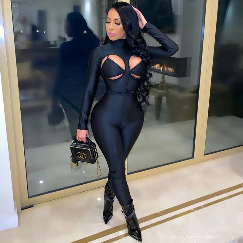 

Patchwork Sexy Jumpsuit Women Autumn Turtleneck Full Sleeve Skinny Rompers Female Hot Overoll Shiny Party Streetwear 2021