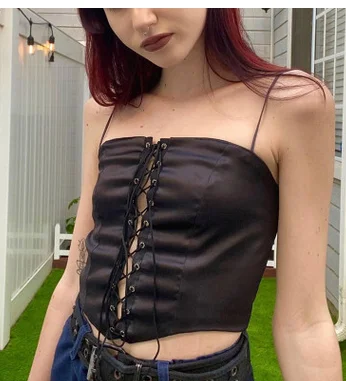 

Women’s Solid Color Sling Tops Sleeveless Low Neck Front Hollowed Lace-up Slim Short Vest for Summer