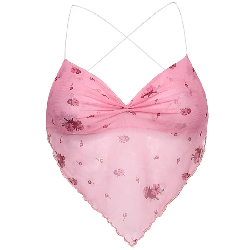

Women Sexy Halter Backless Crop Top Floral Sheer Mesh Triangle Hem Camisole Vest