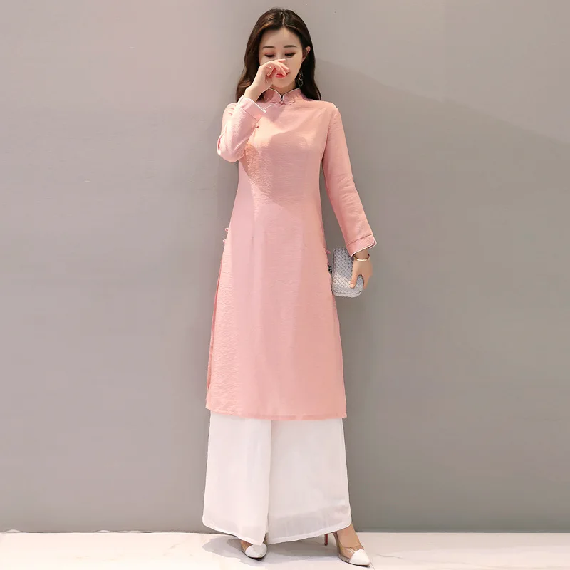 

Autumn New Style Improved Retro Cotton Linen Dress Mid-length Two-Piece Set Cheongsam Chinese-style Tea Service Women's