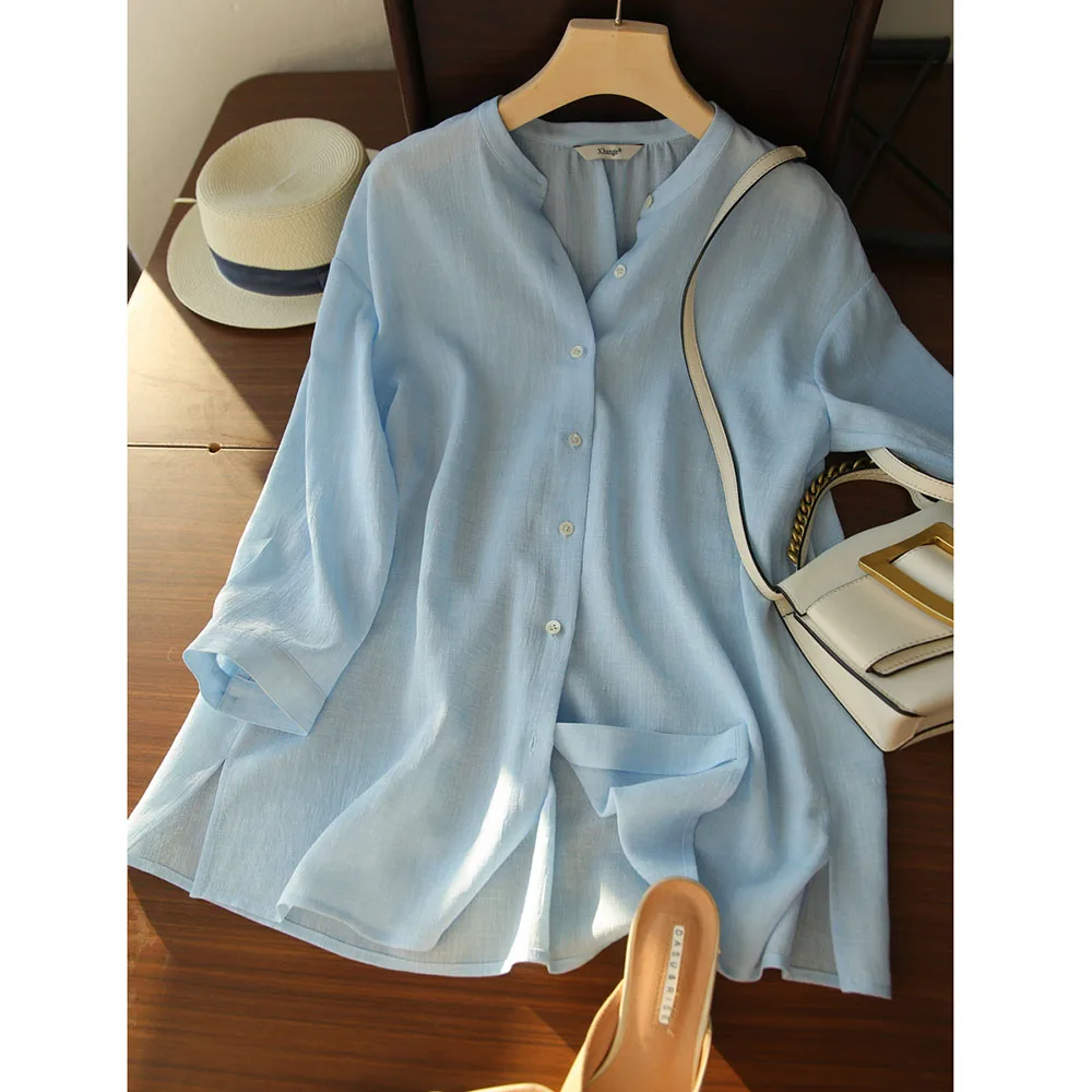 

Blouse Doresuwe Plain Stand Collar Puff Sleeve Elegant Blouse Women's Fashion 3/4 Sleeve Simple Shirt 2021 New Style