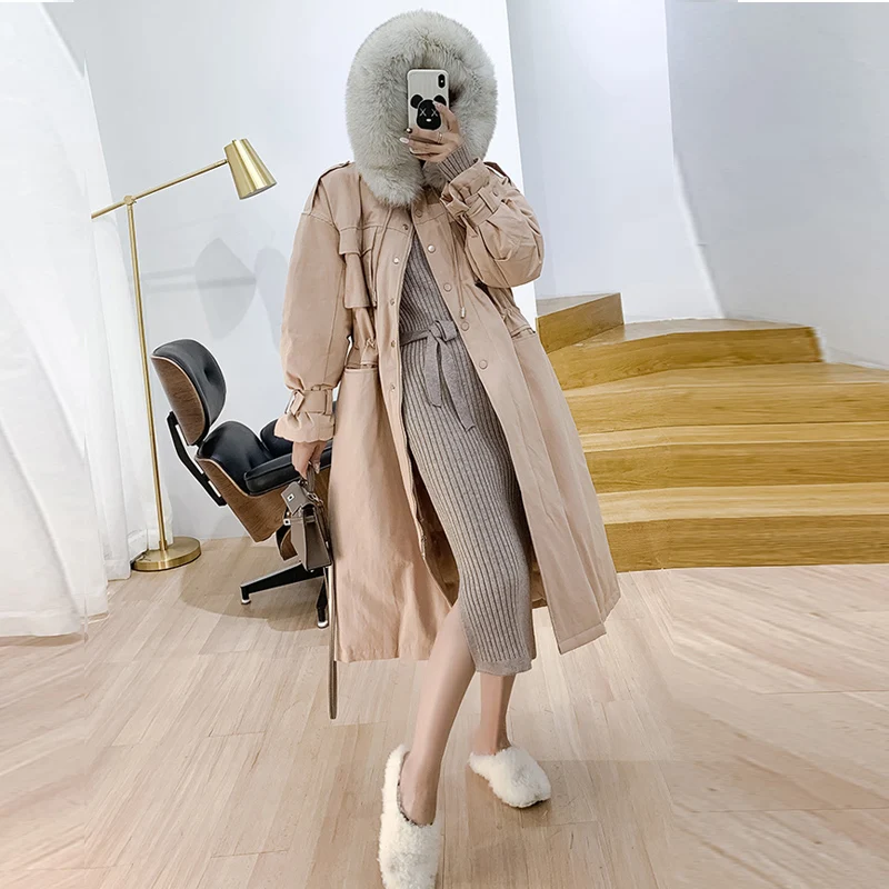 Женская длинная парка на утином пуху теплая куртка с капюшоном и воротником из