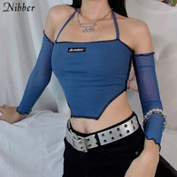 nibber basic sweet sling crop tops for women tshirt fashion casual streetwear ribbing knit patchwork long sleeve top tee female