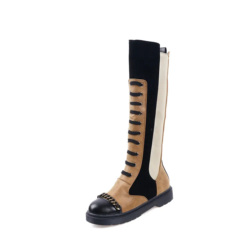 MORAZORA/; женские сапоги до колена; сезон осень-зима; сапоги со змеиным узором и цепочкой; модная женская обувь в стиле панк на низком каблуке на молнии; большой размер 43
