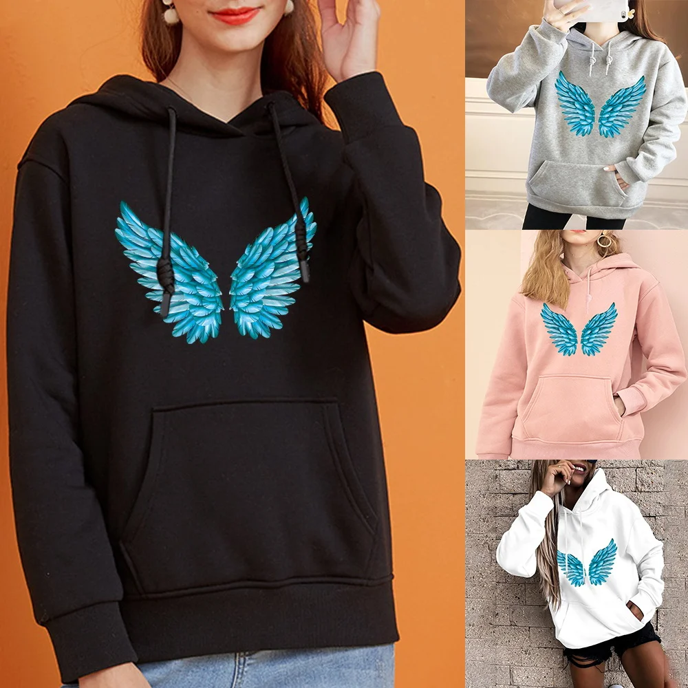 

Women's Hoodie Color Feather Wings Print Casual Fashion Sweatshirt Loose Oversized Pullover Ladies Harajuku Long Sleeve Base Top