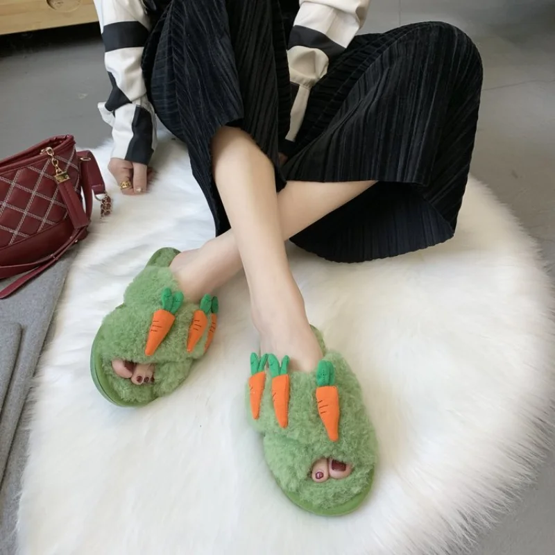 

Winter Slippers Women's Outer Wear Cross Lamb Plush Fruit One-word Slippers Women's Shoes Women Slippers Kawaii Shoes