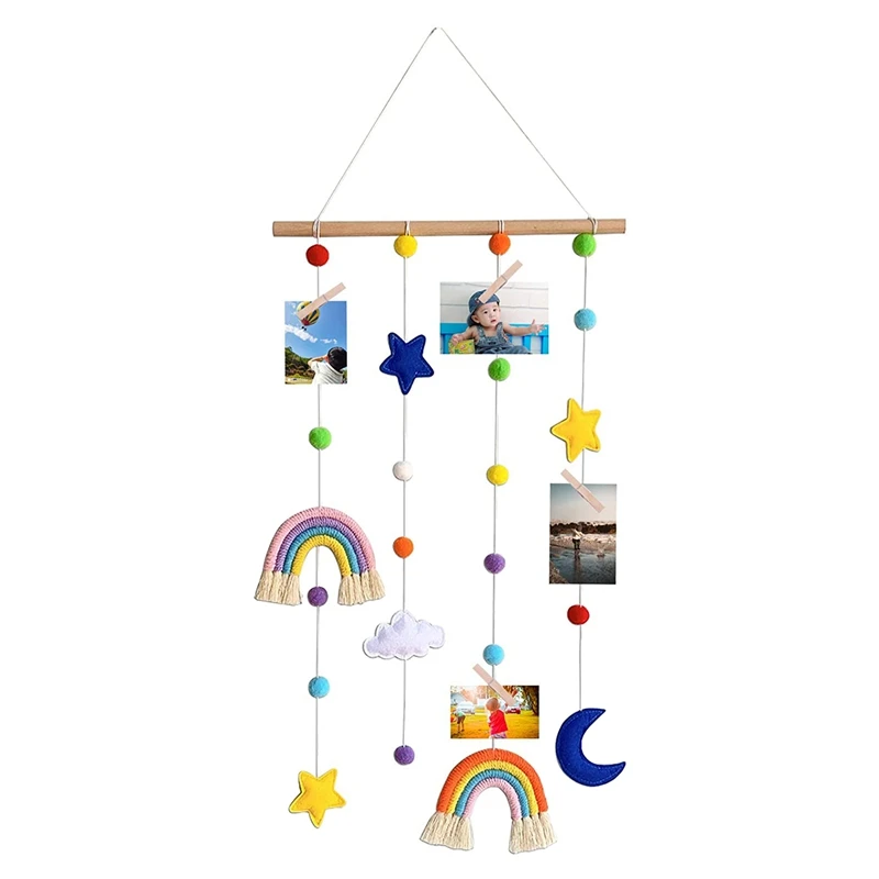Rainbow Baby Room Decor Kids Bedroom Macrame Photo Display Colorful Ball Wall Hanging Organizer With 25 Wood Clips | Дом и сад