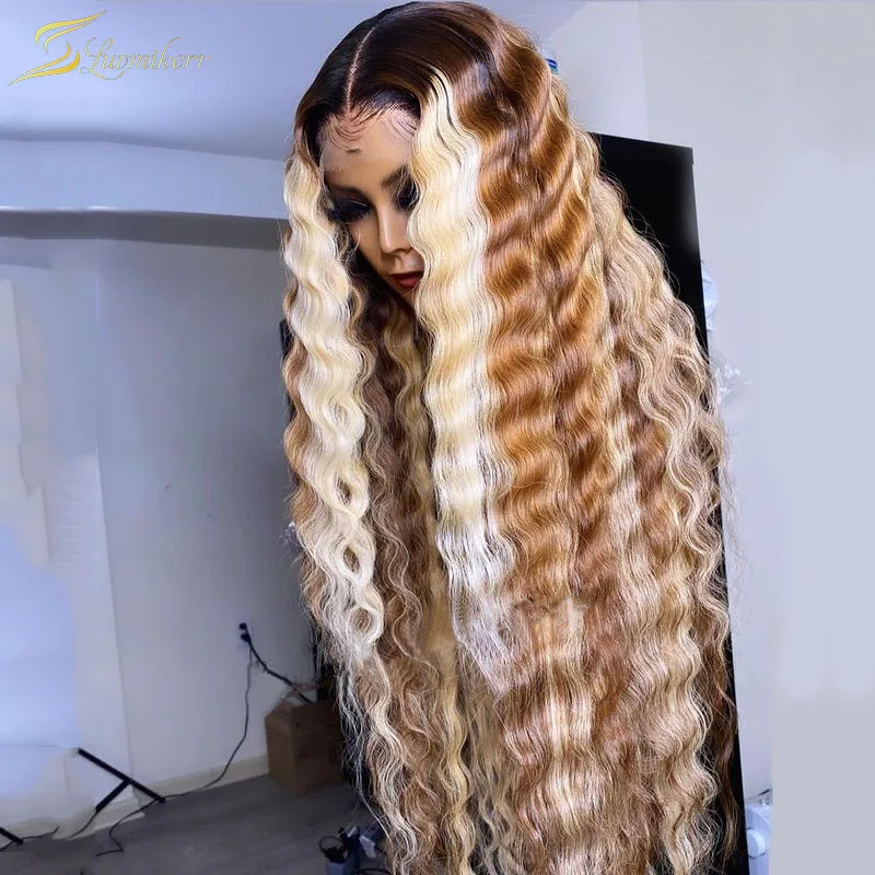 

Deep Wave Honey Blonde Colored Human Hair Wigs Full Preplucked Brown Highlight Ombre 13x6 Lace Front Wig For Black Women Frontal