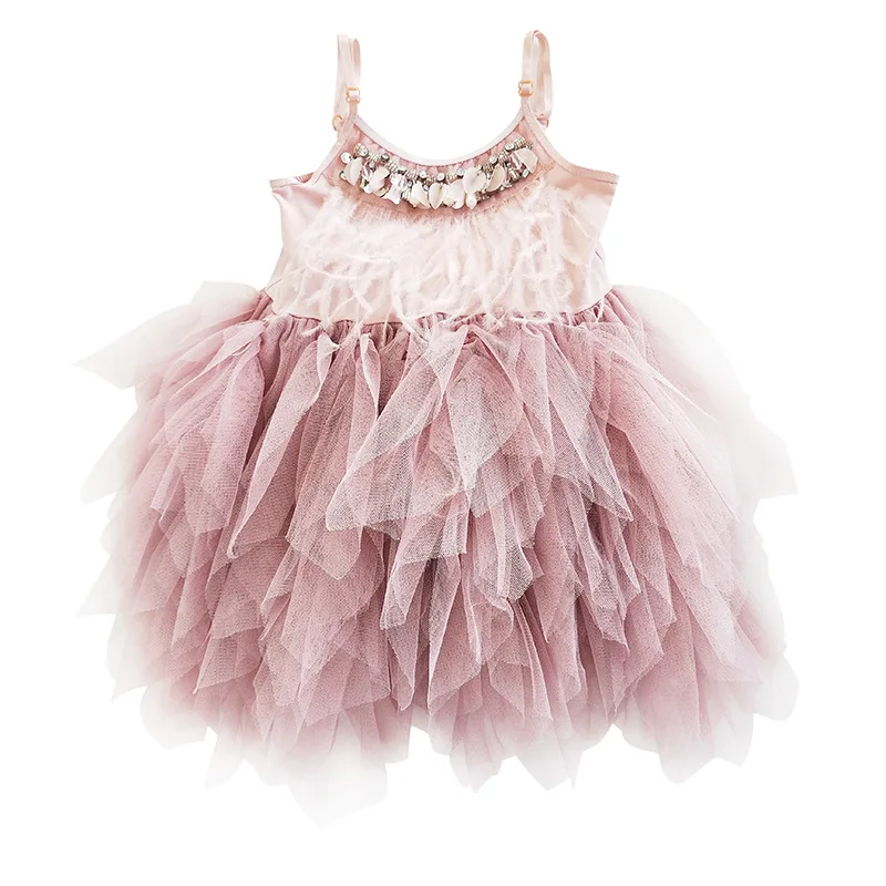 Vestido Girl Princess Tutu Dress Heavy Work Beaded 2019 Summer Feather Pleated Toddler Clothes Baby 1-7 Yrs GDR612 | Детская одежда и