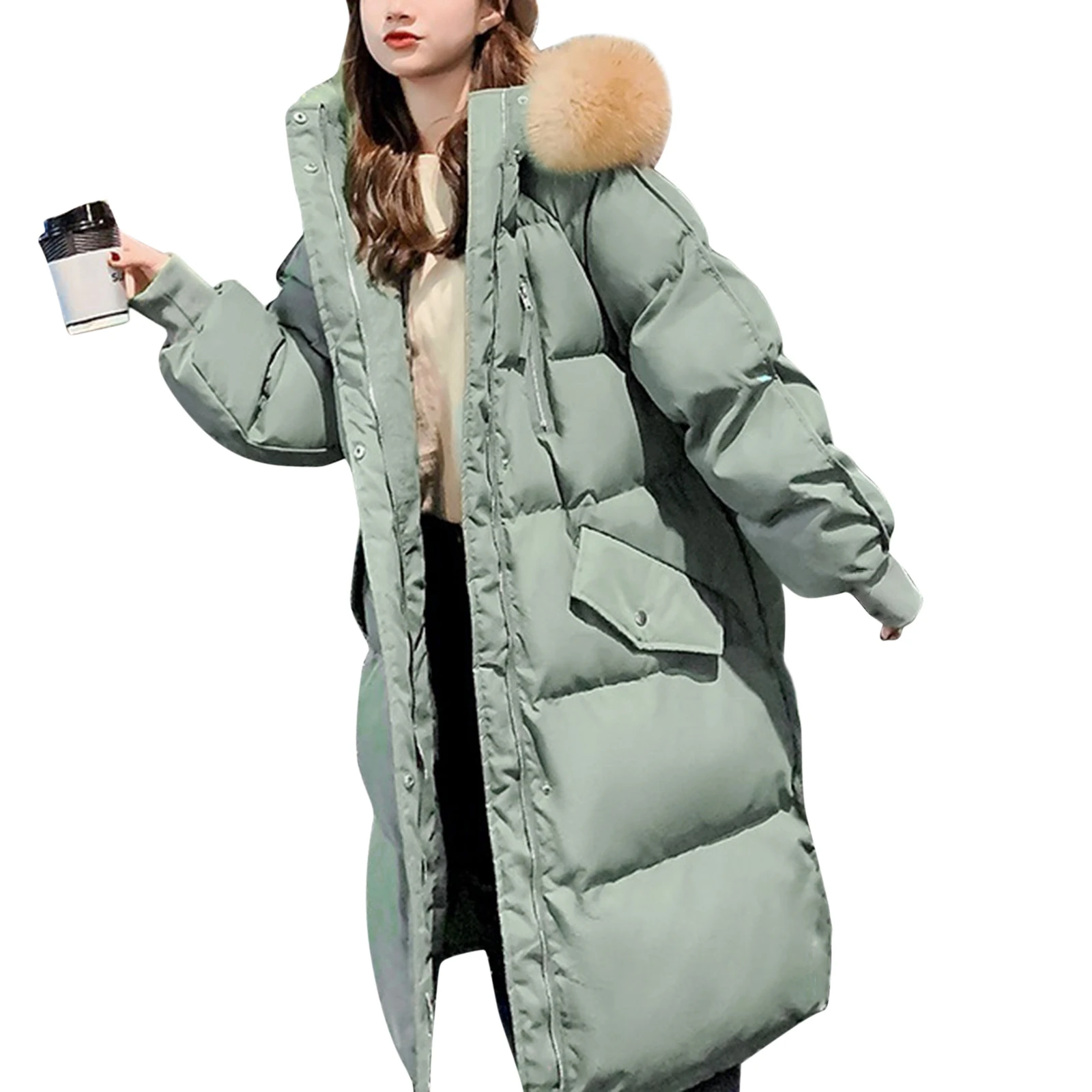 

Hirigin 2021 Fashion Women's Classic Long Sleeve Solid Color Winter Thicken Long Puffer Coat Parka with Faux Fur Trim Hood