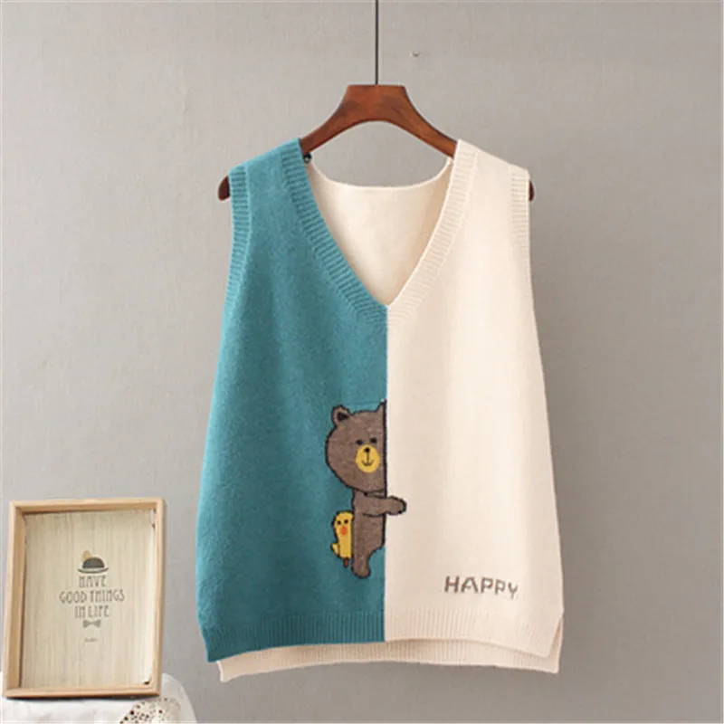 

2021 Spring Women Stitching Pattern Pullover Sweater Vest V-neck Loose Sleeveless Coat Casual Girl Knitting Waistcoats Lady Tops