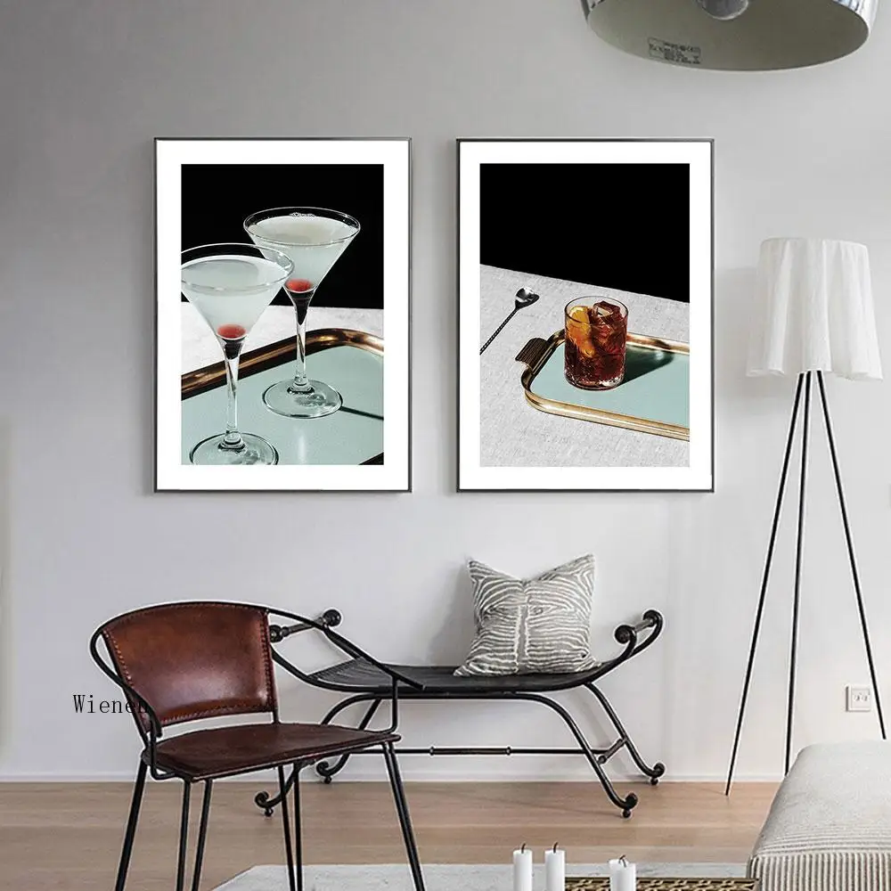 

Cocktail Glass Cup Wall Art Canvas Painting Bar Decoration Canvas Poster and Print Spoon Painting Wall Pictures for Living Room